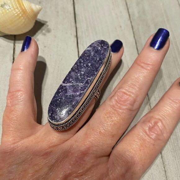 Lepidolite Sterling Silver Ethnic Style Statement Ring Size 7 - Picture 4 of 5